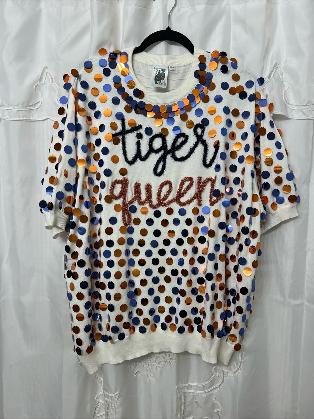 Queen of Sparkles Tiger Queen Sequin Game Day Sweater Top XXL